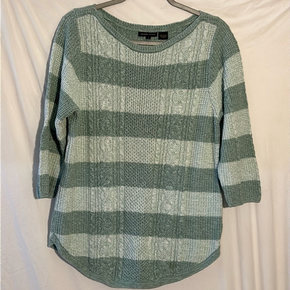 Jeanne Pierre boat neck 1/4 sleeve cable knit striped green sweater size L